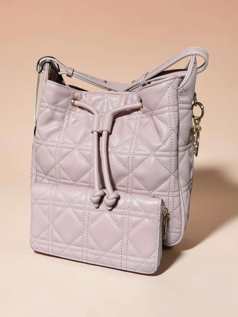 Quilted Drawstring Shoulder Bag with Pouch - Blush Pink   *Vegan
